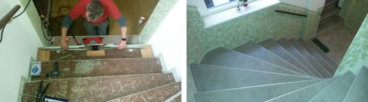 Vorher und nacher: diese Treppe wurde mit Laminat verkleidet und hält hohen Belastungen stand