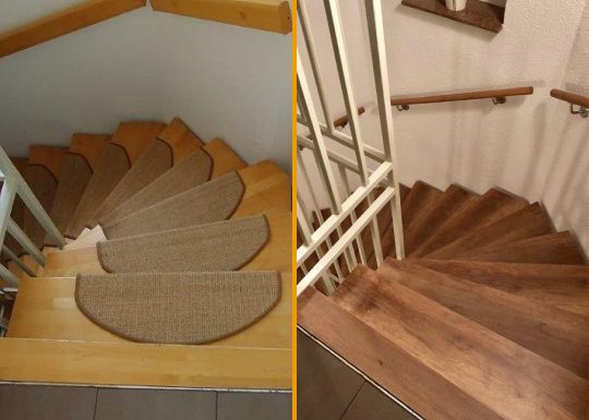 Metalltreppe vor und nach der Renovierung: mit neuen Blockstufen und einem dazu passenden Treppengeländer.